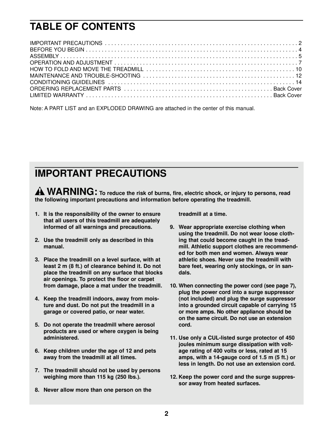 Weslo WCTL29200 user manual Table Of Contents, Important Precautions 