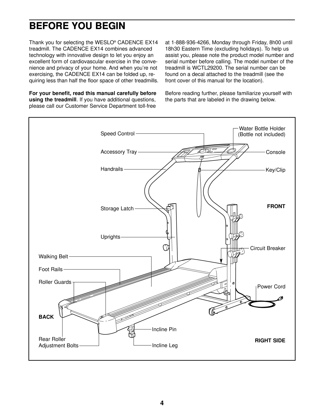 Weslo WCTL29200 user manual Before You Begin, Front, Back, Right Side 
