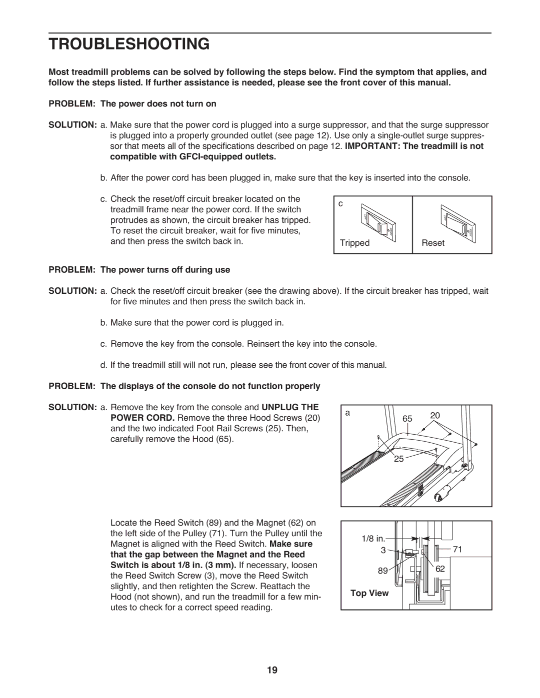 Weslo WCTL29509.0 Troubleshooting, Compatible with GFCI-equipped outlets, Problem The power turns off during use 