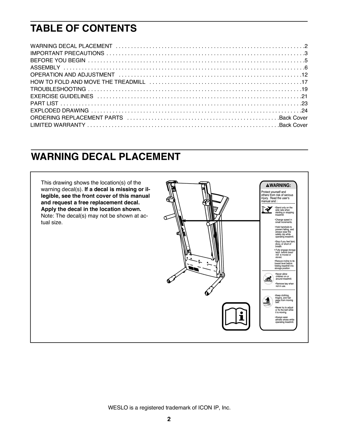 Weslo WCTL29509.0 user manual Table of Contents 