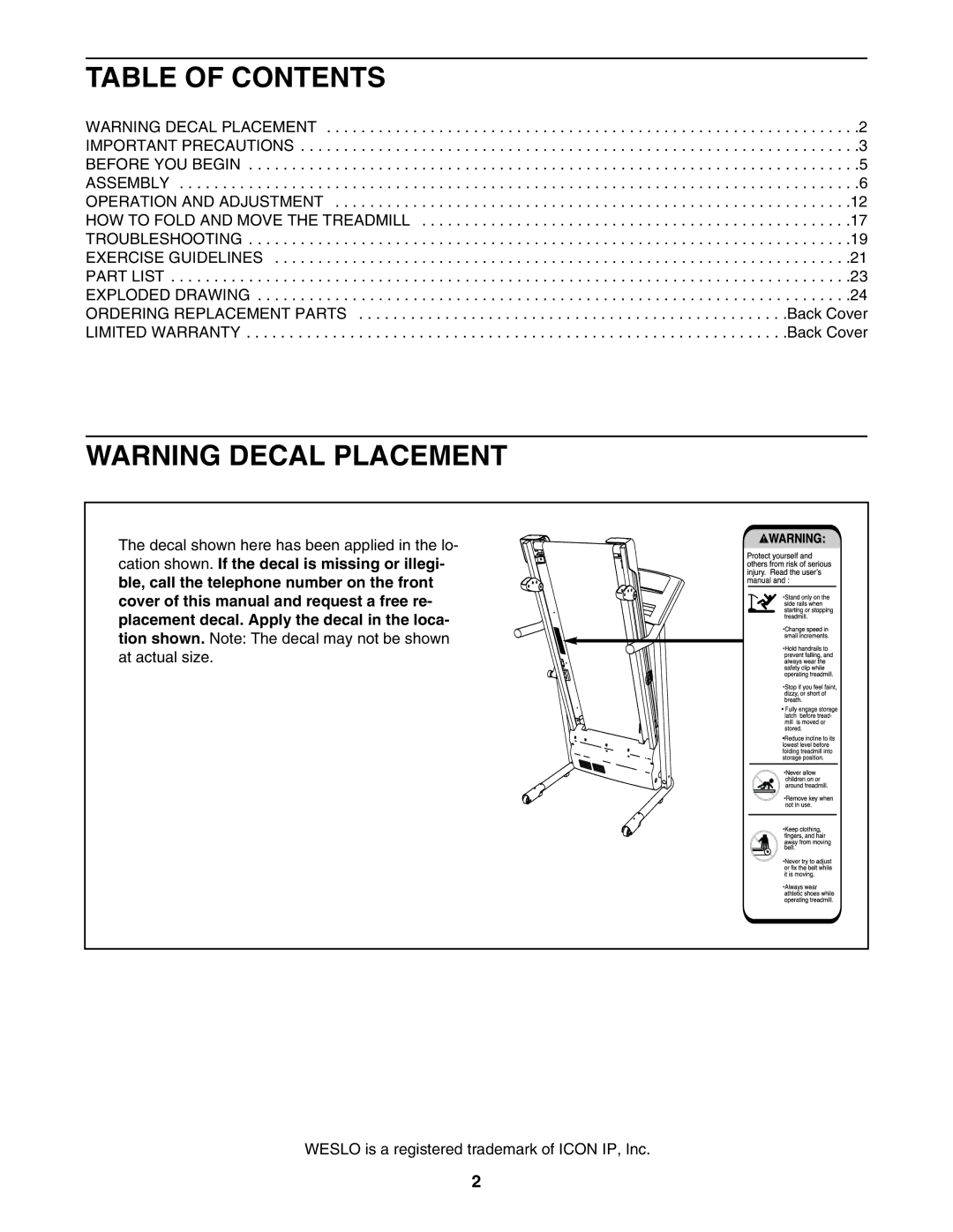 Weslo WCTL29607.0 user manual Table of Contents 