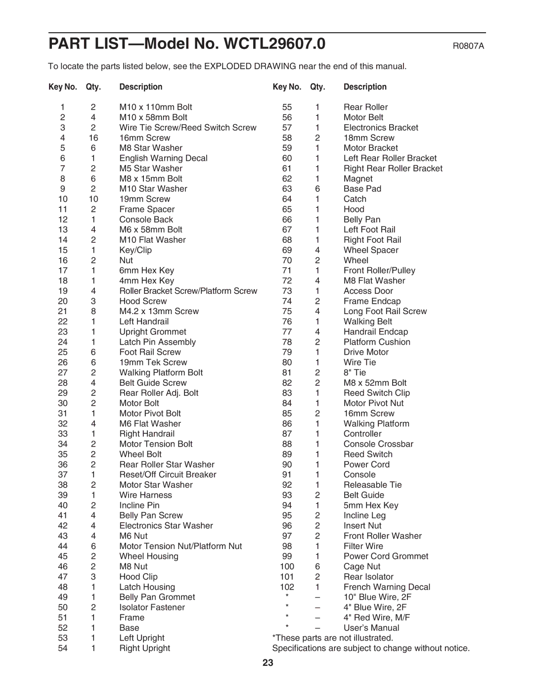 Weslo WCTL29607.0 user manual R0807A, Qty Description 
