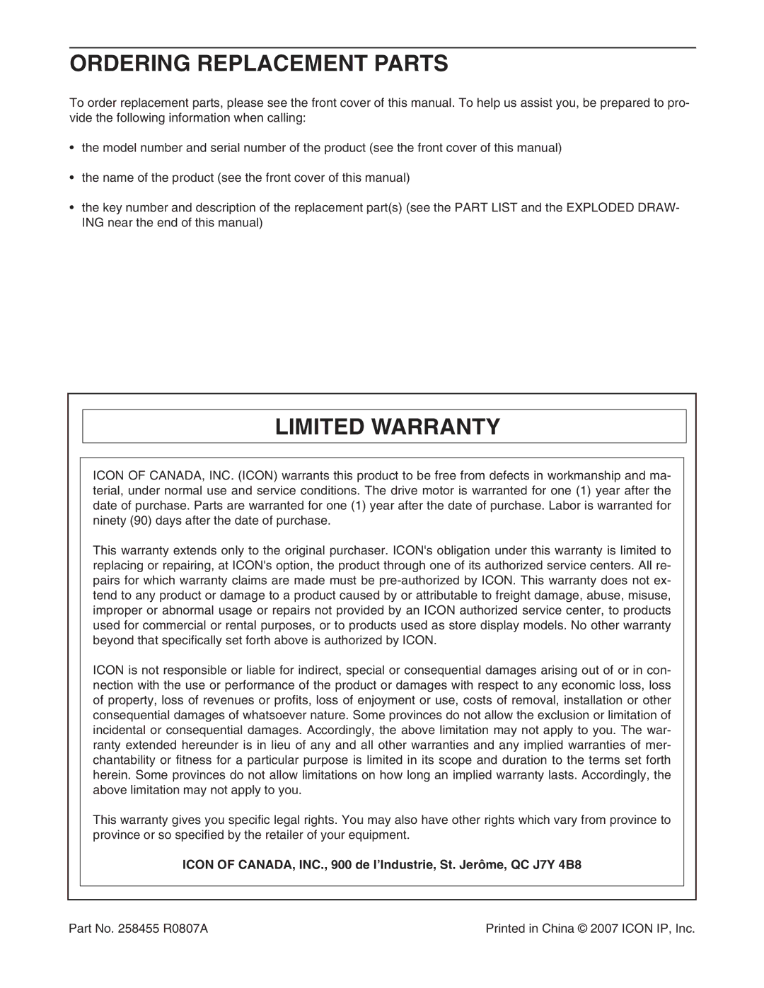 Weslo WCTL29607.0 user manual Ordering Replacement Parts, Limited Warranty 