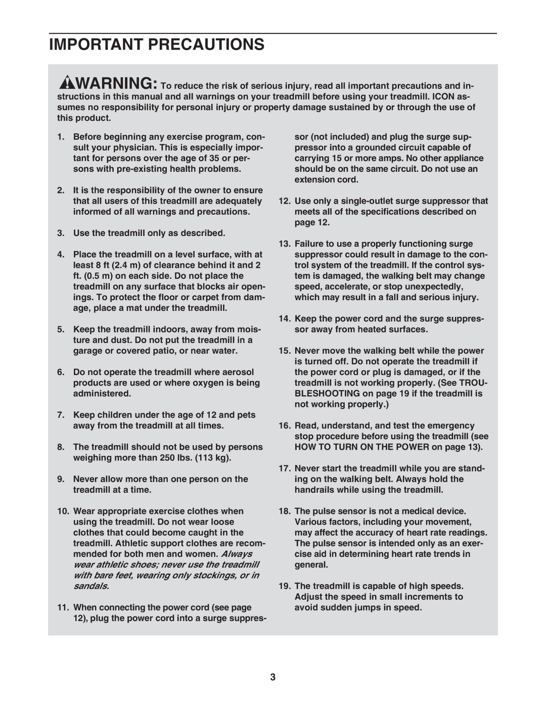 Weslo WCTL29607.0 user manual Important Precautions 