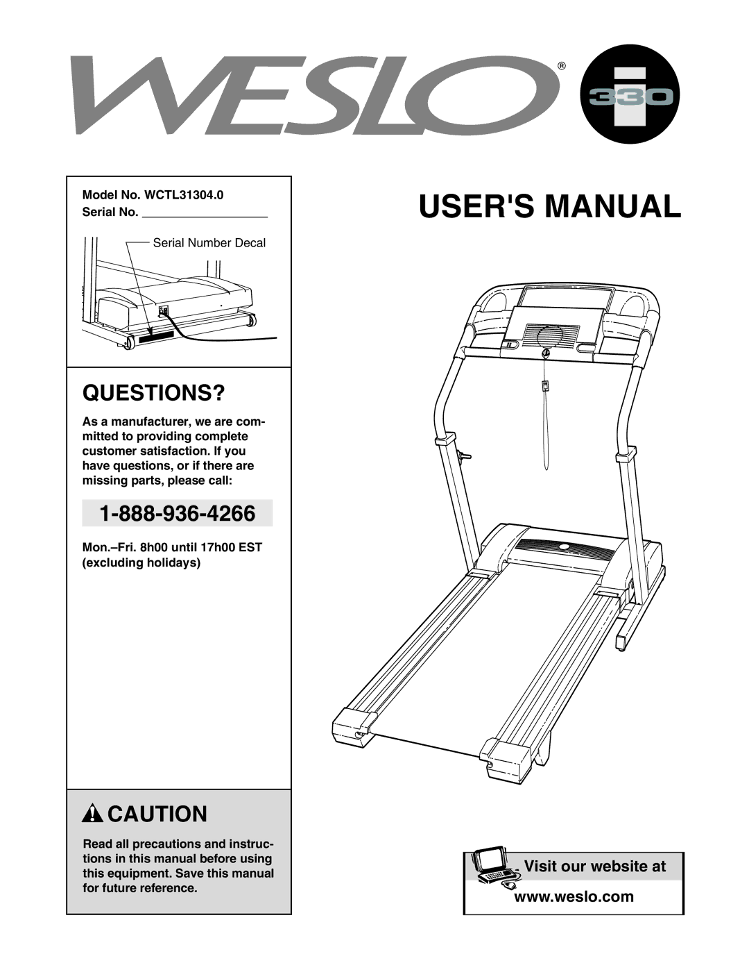 Weslo user manual Questions?, Model No. WCTL31304.0 Serial No 