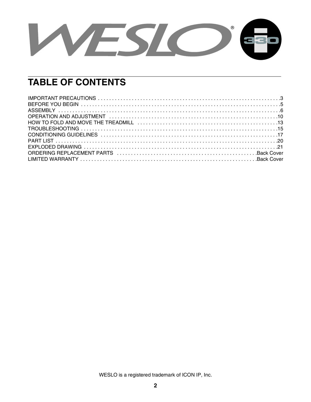 Weslo WCTL31304.0 user manual Table of Contents 