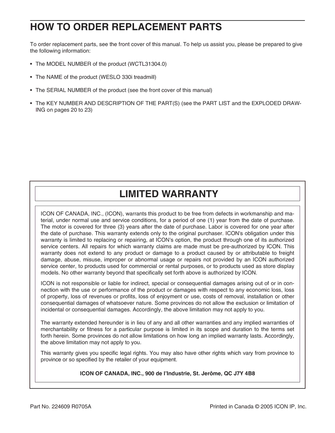 Weslo WCTL31304.0 user manual HOW to Order Replacement Parts, Limited Warranty 