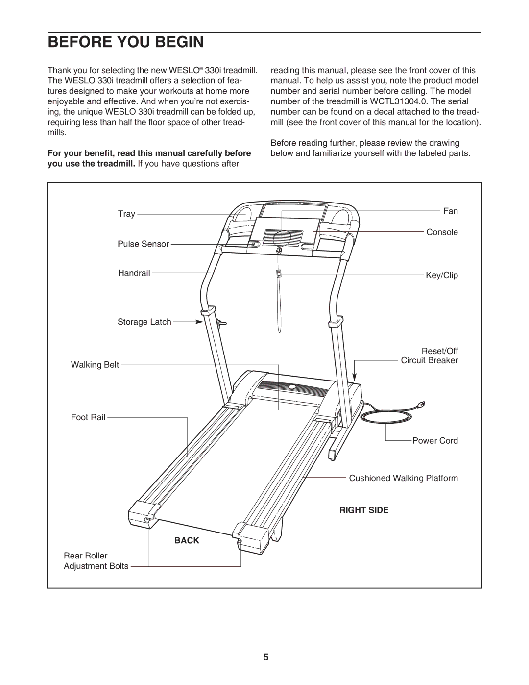 Weslo WCTL31304.0 user manual Before YOU Begin, Right Side, Back 