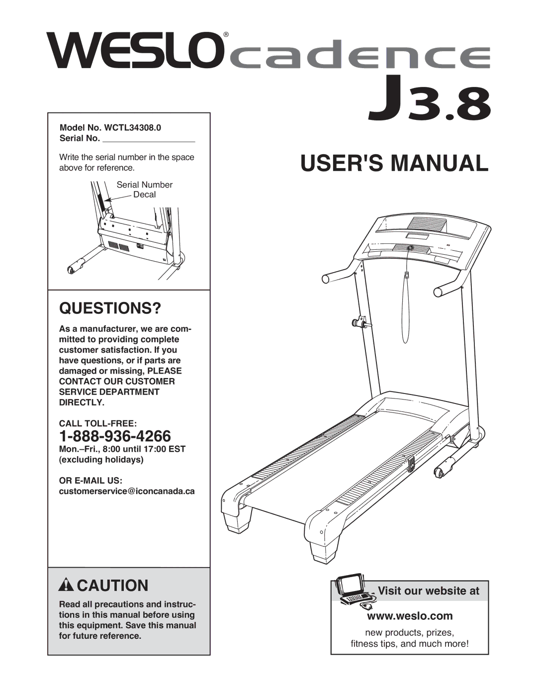 Weslo user manual Questions?, Model No. WCTL34308.0 Serial No 