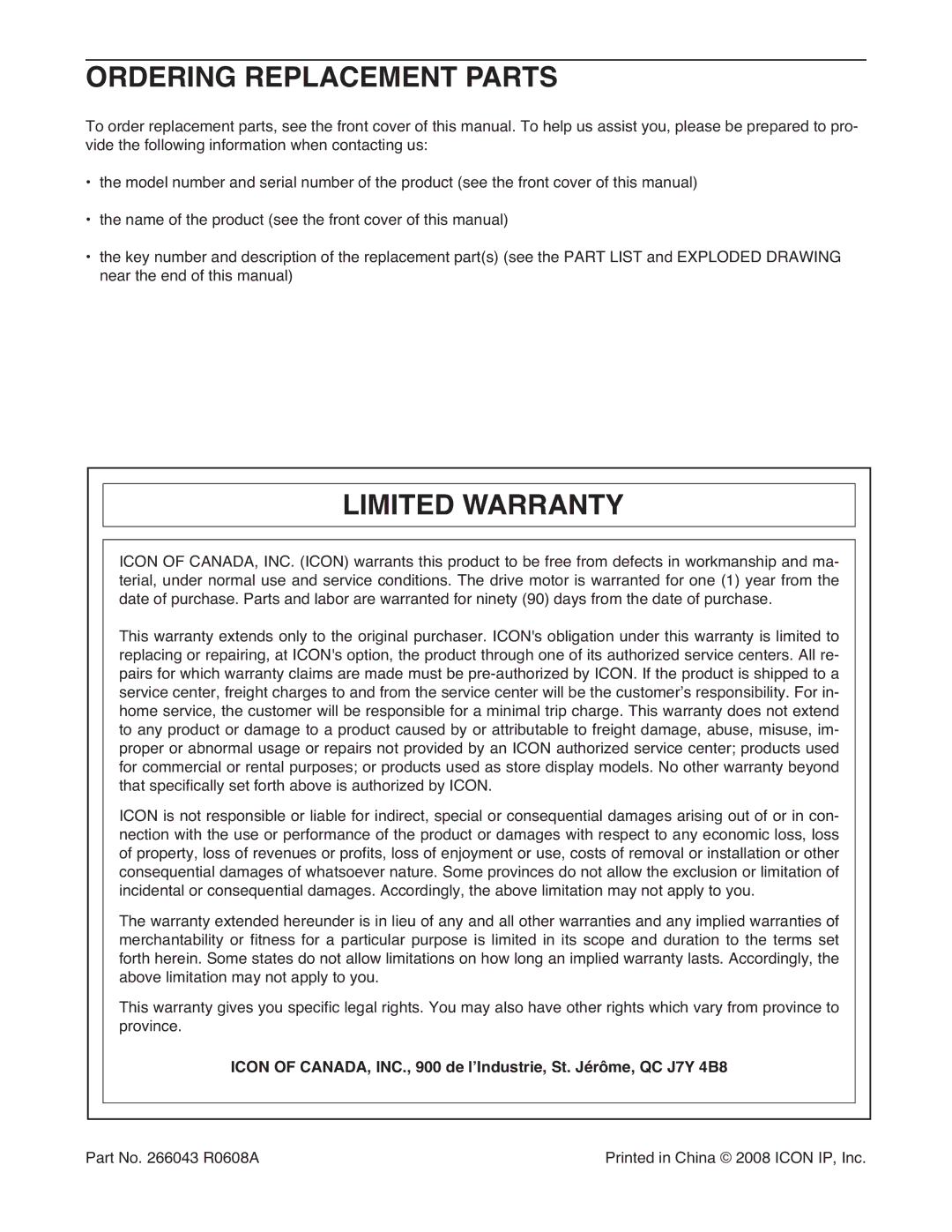 Weslo WCTL34308.0 user manual Ordering Replacement Parts, Limited Warranty 