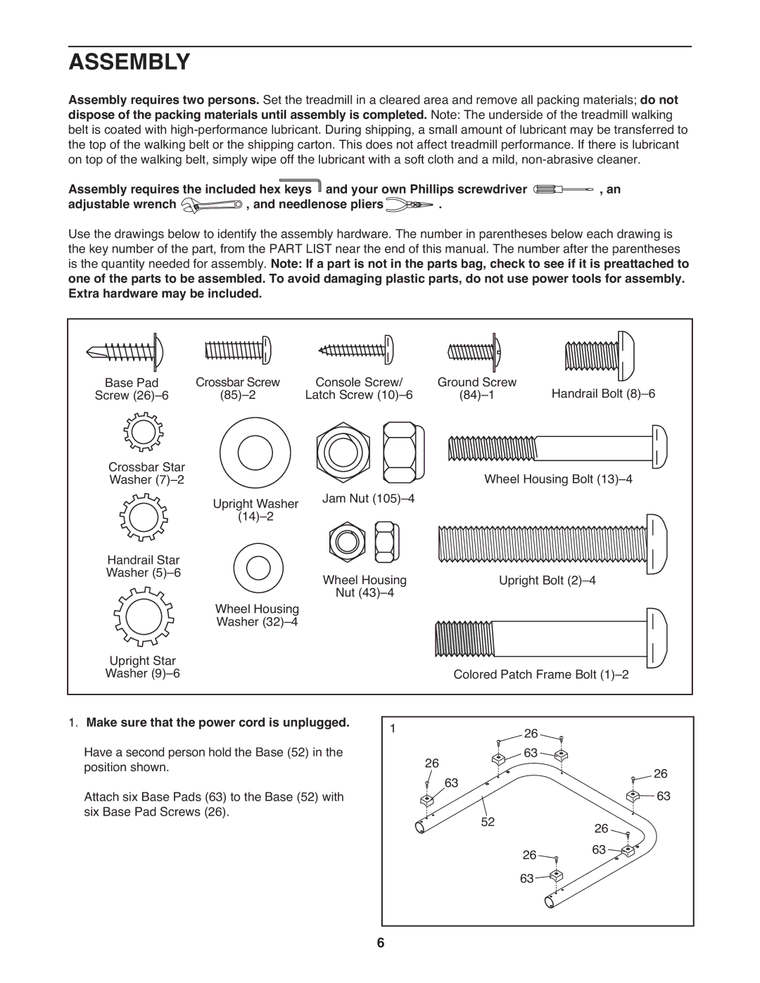 Weslo WCTL34308.0 user manual Assembly, Make sure that the power cord is unplugged 