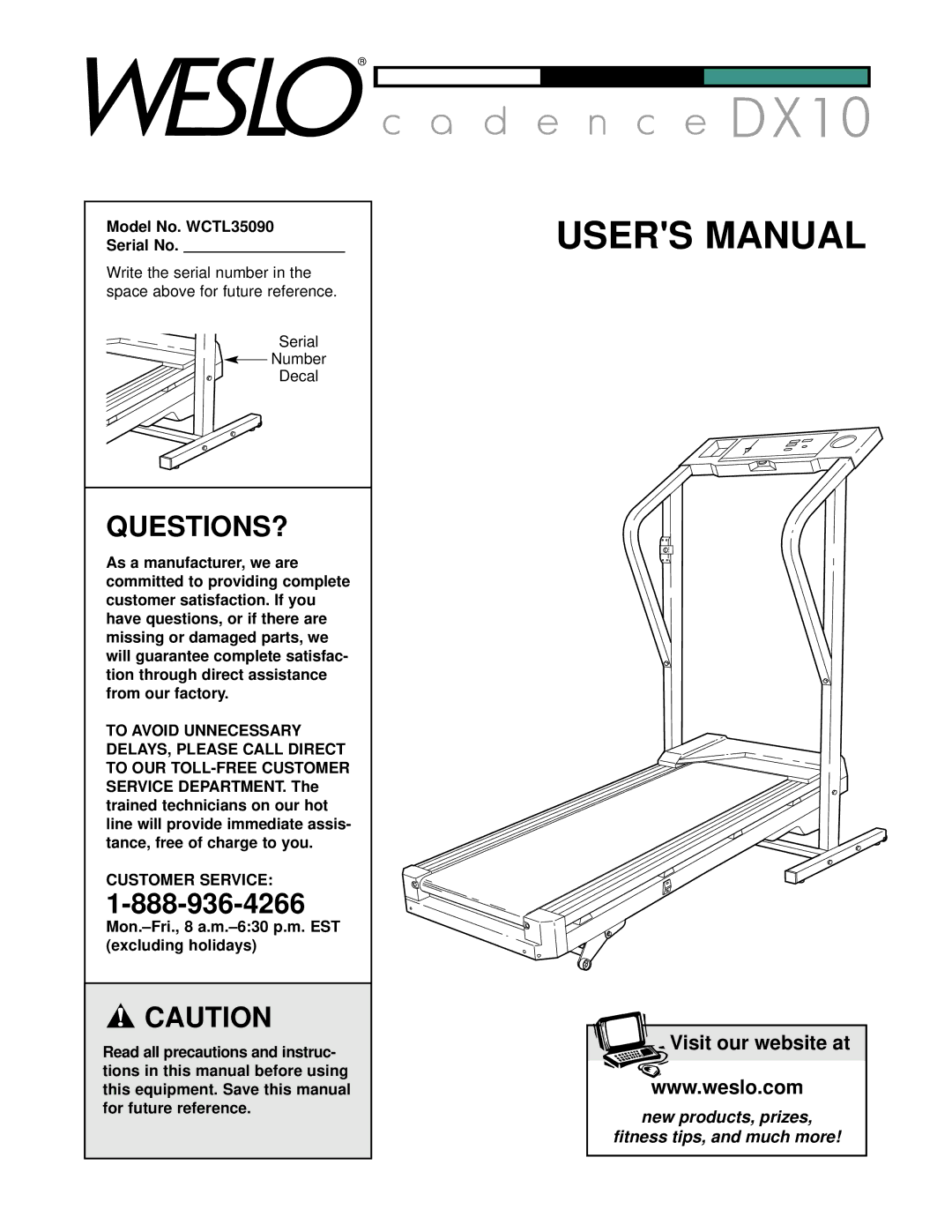 Weslo user manual Questions?, Model No. WCTL35090 Serial No, Serial Number Decal, Customer Service 