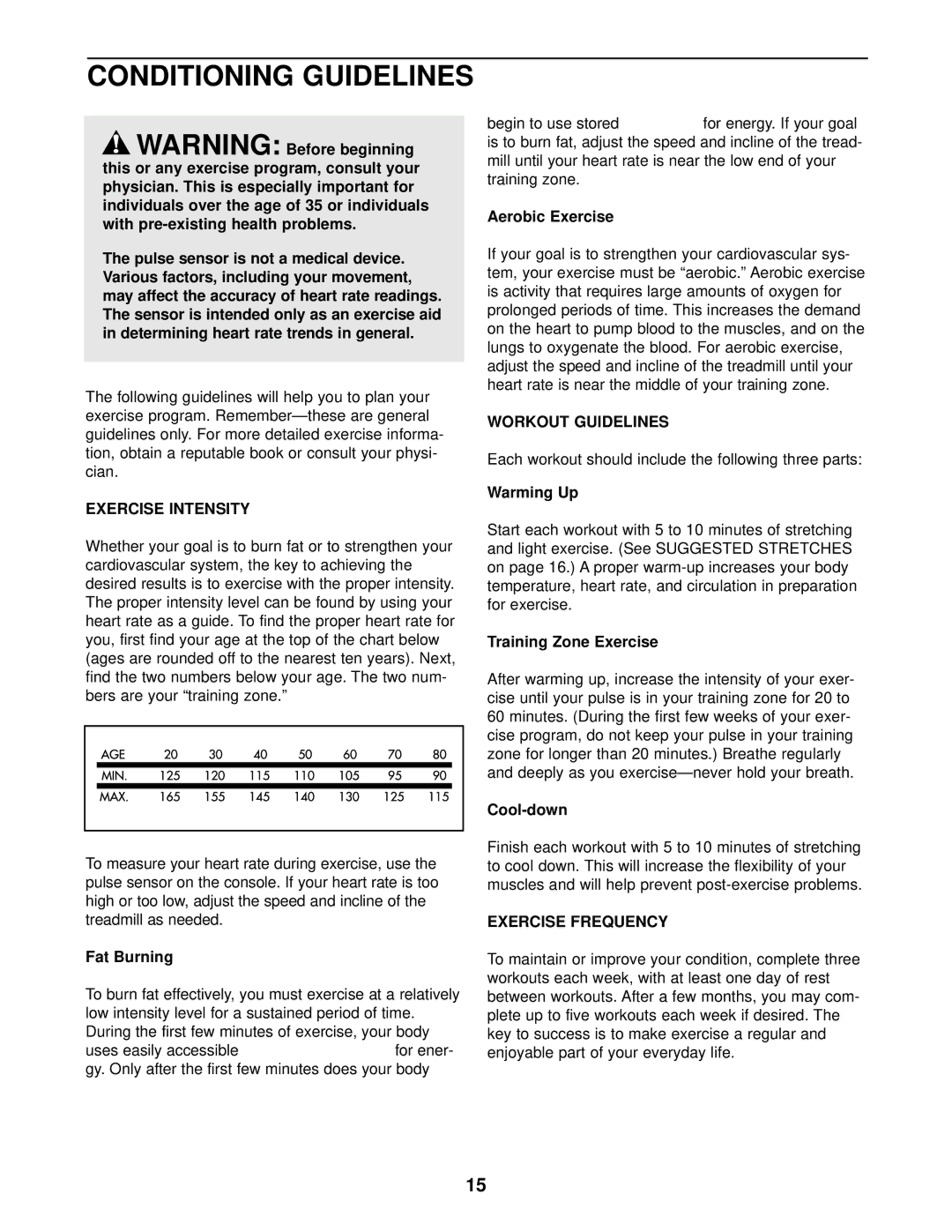 Weslo WCTL35090 user manual Conditioning Guidelines, Exercise Intensity, Workout Guidelines, Exercise Frequency 