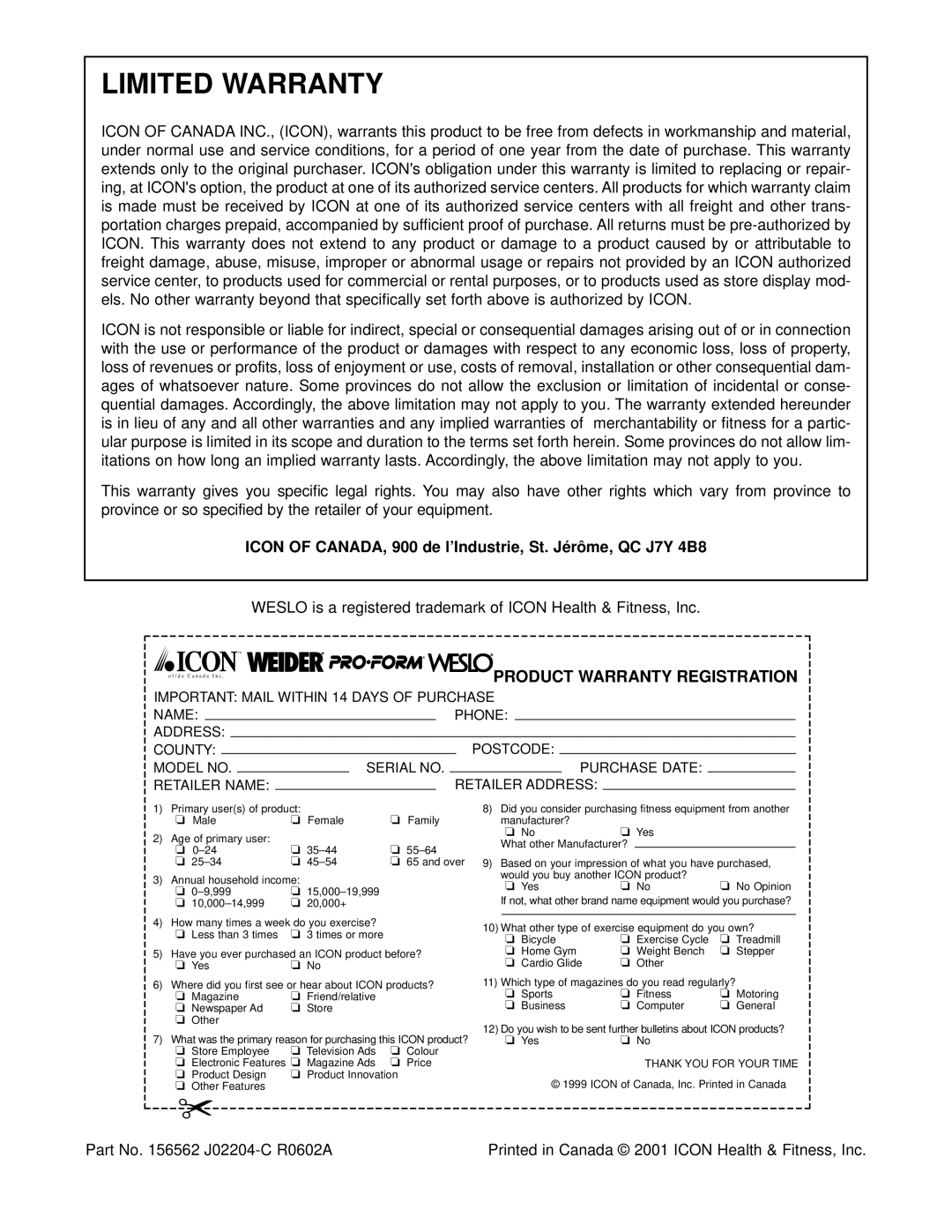 Weslo WCTL35090 Limited Warranty, Icon of CANADA, 900 de l’Industrie, St. Jérôme, QC J7Y 4B8, Part No J02204-C R0602A 