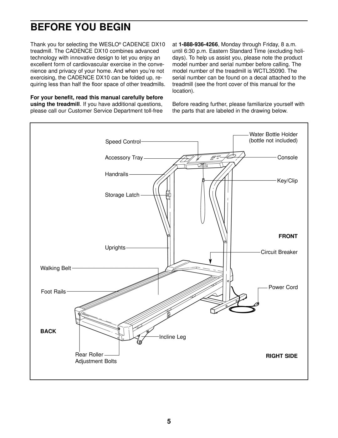 Weslo WCTL35090 user manual Before YOU Begin, For your benefit, read this manual carefully before, Front, Back, Right Side 