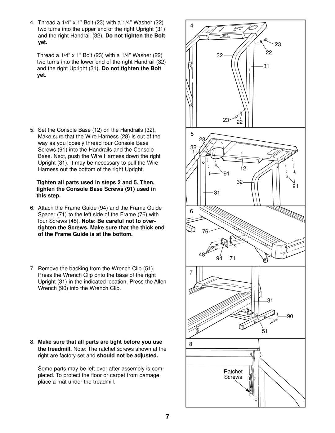 Weslo WCTL35090 Right Handrail, Yet, Right Upright 31. Do not tighten the Bolt yet, Treadmill Right are factory set 