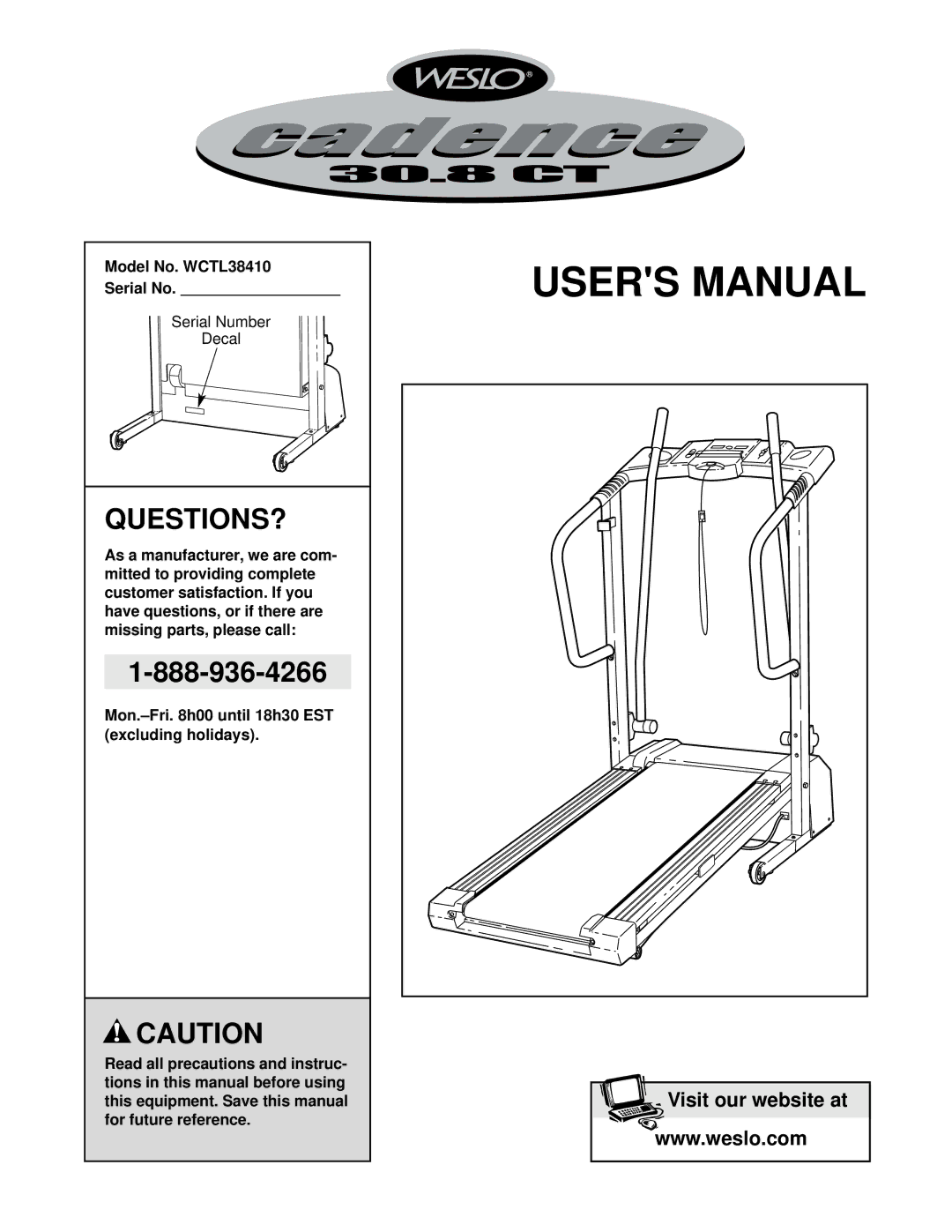 Weslo user manual Questions?, Model No. WCTL38410 Serial No 