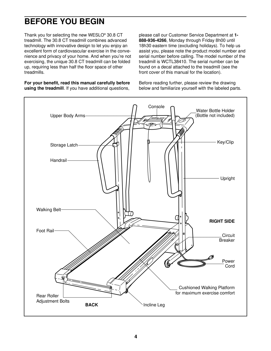 Weslo WCTL38410 user manual Before YOU Begin, Right Side, Back 