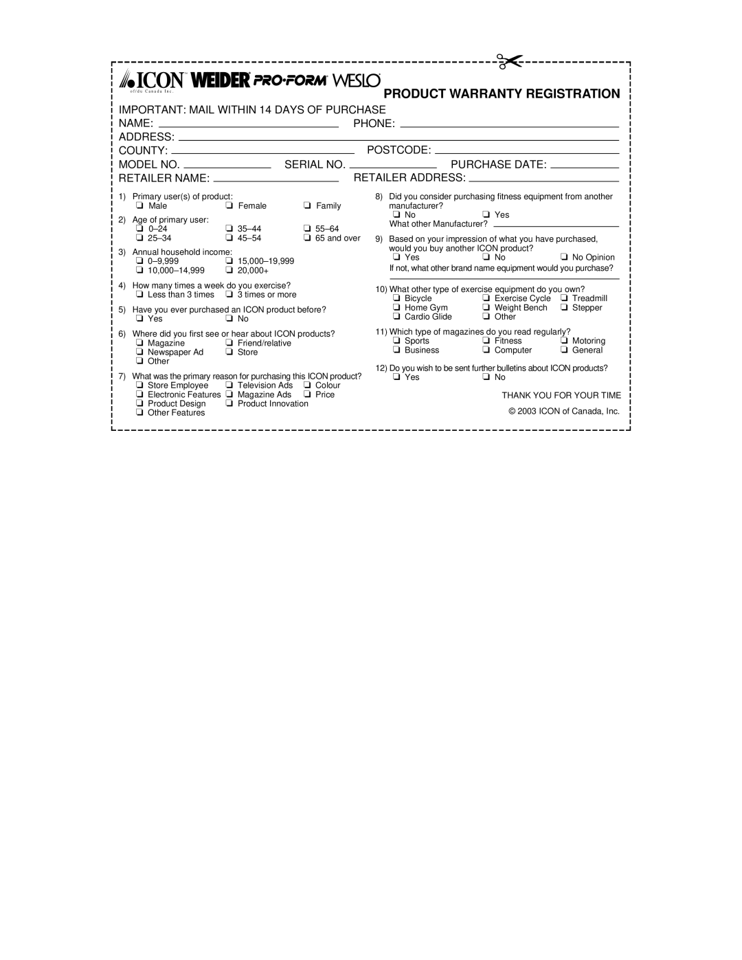 Weslo WCTL38410 user manual Product Warranty Registration 