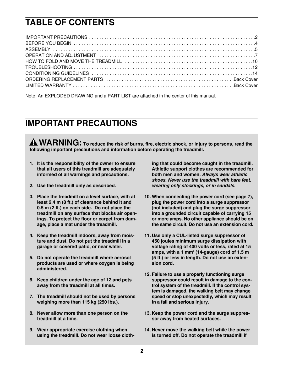 Weslo WCTL38410 user manual Table Of Contents, Important Precautions, Use the treadmill only as described 