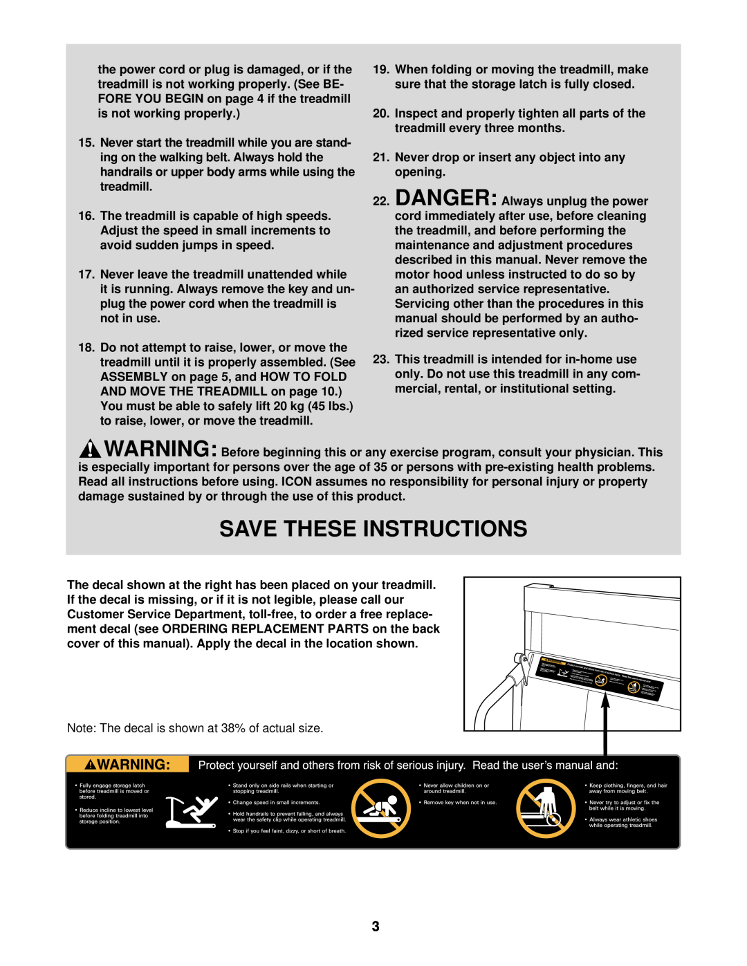 Weslo WCTL38410 user manual Save These Instructions, Never drop or insert any object into any opening 