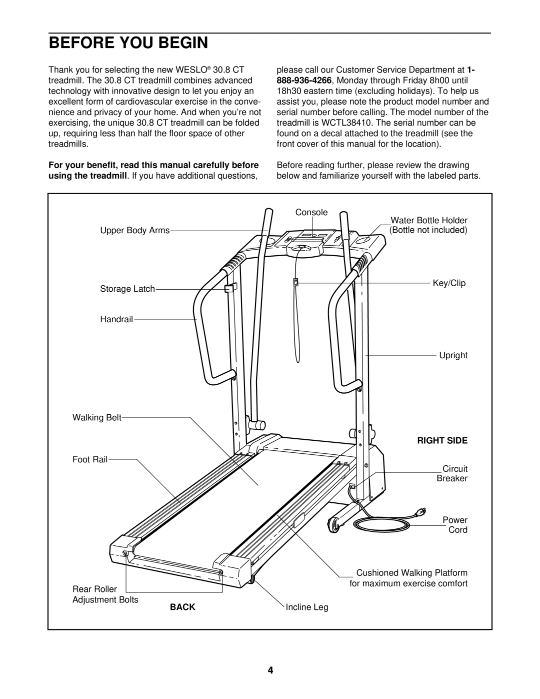Weslo WCTL38410 user manual Before You Begin, Right Side, Back 