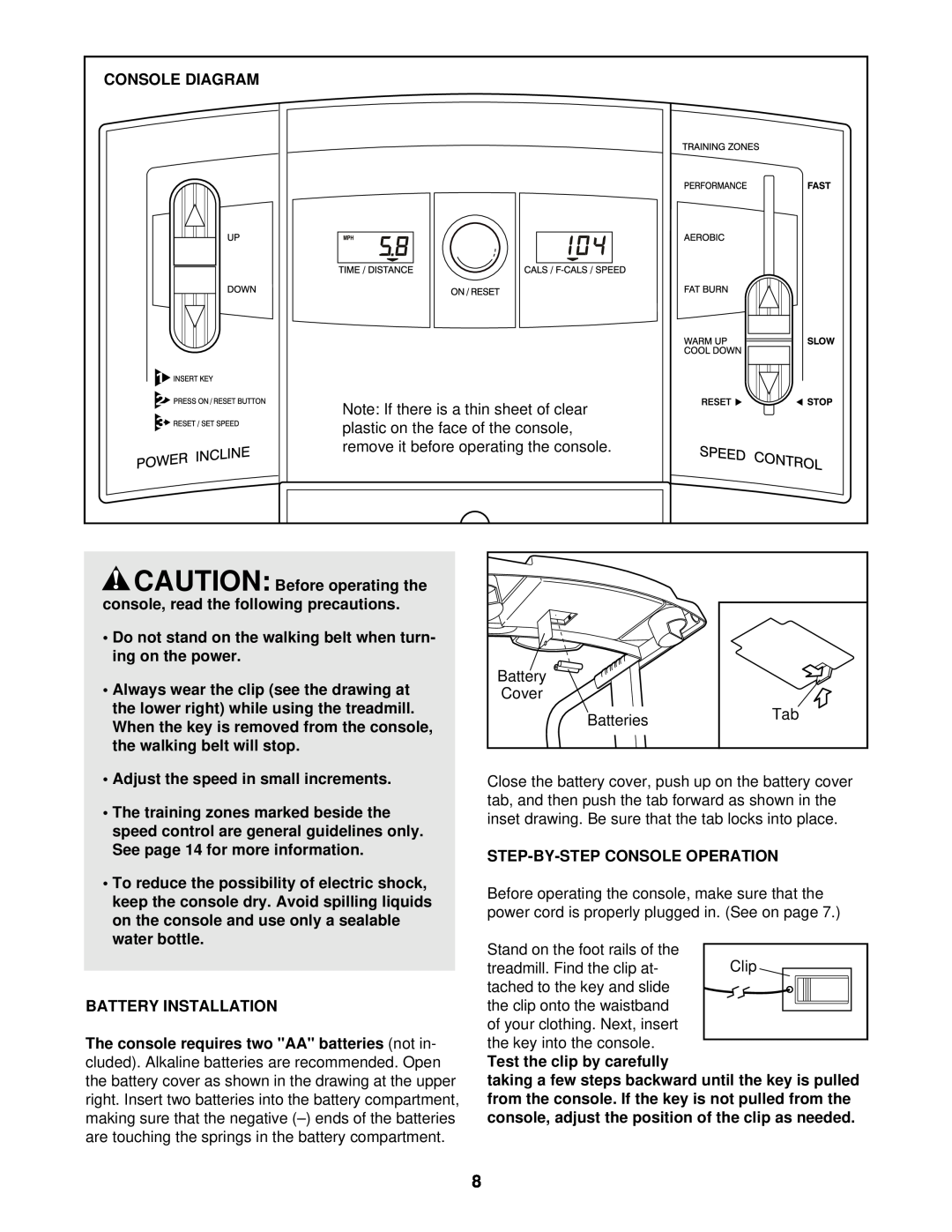 Weslo WCTL38410 user manual Console Diagram, CAUTION Before operating the console, read the following precautions 