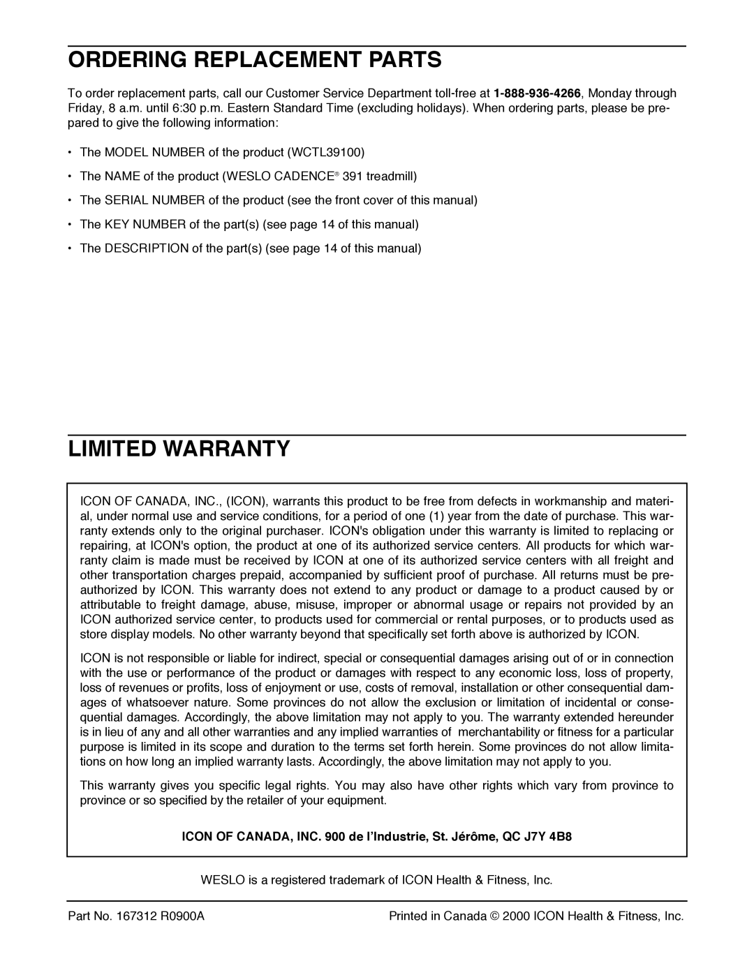 Weslo WCTL39100 Ordering Replacement Parts, Limited Warranty, Icon of CANADA, INC de l’Industrie, St. Jérôme, QC J7Y 4B8 