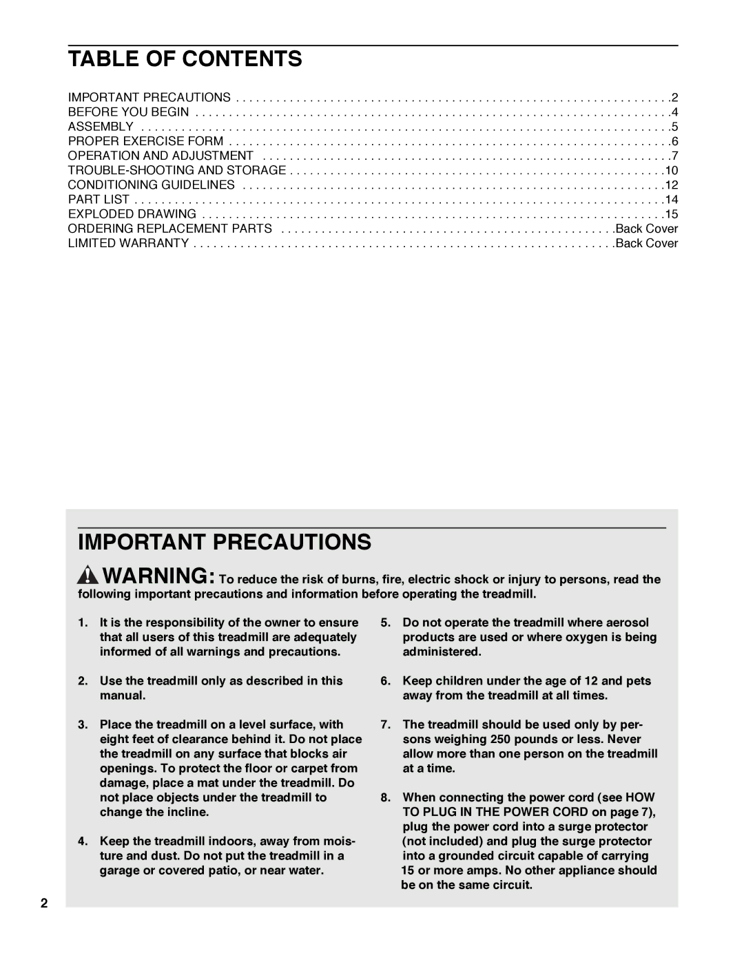 Weslo WCTL39100 user manual Table of Contents, Important Precautions 