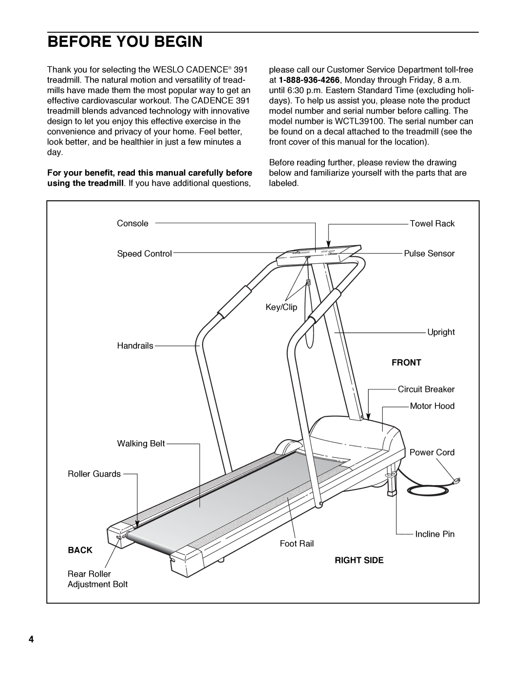 Weslo WCTL39100 user manual Before YOU Begin, Front, Back, Right Side 