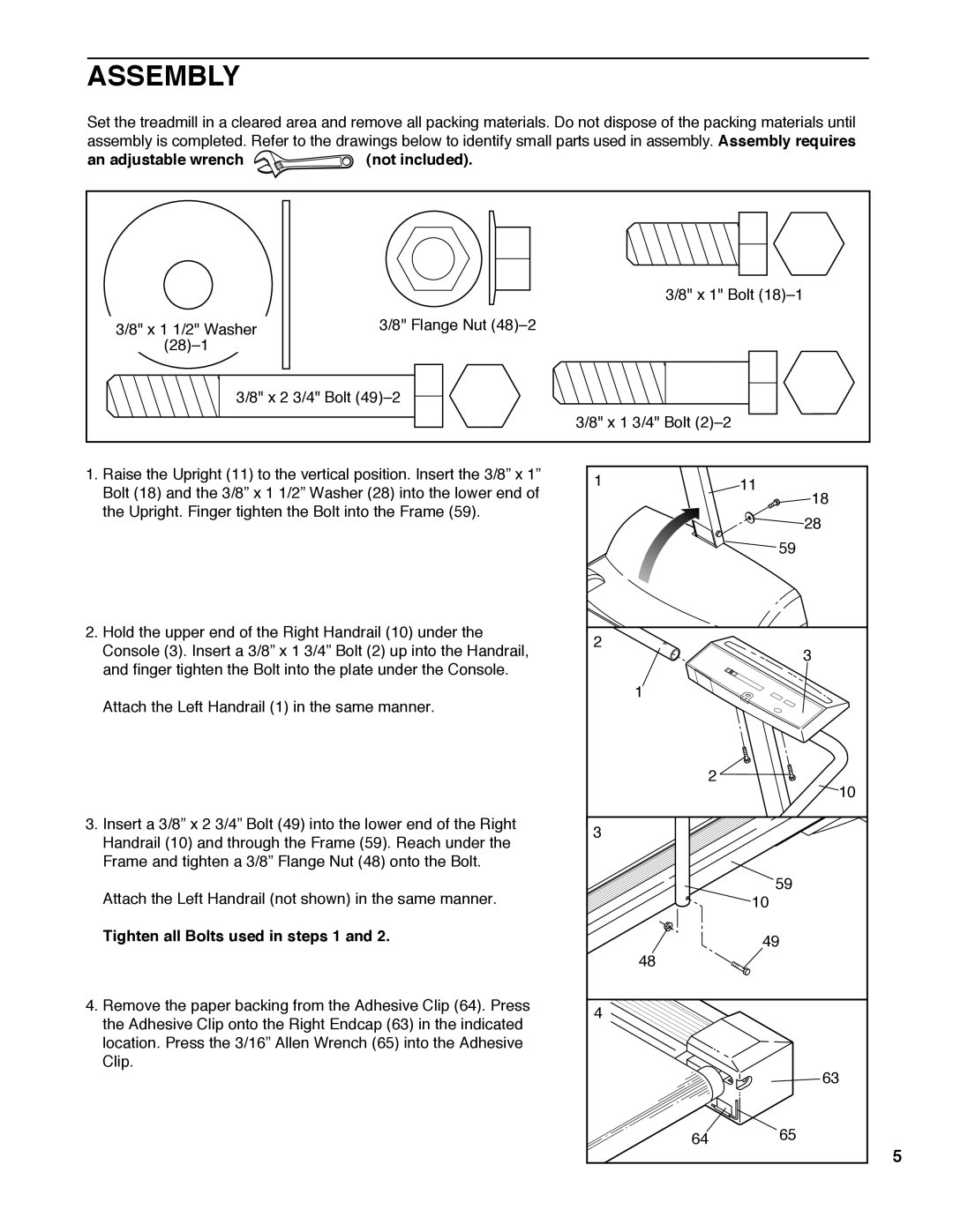 Weslo WCTL39100 user manual Assembly, An adjustable wrench not included, Tighten all Bolts used in steps 1 