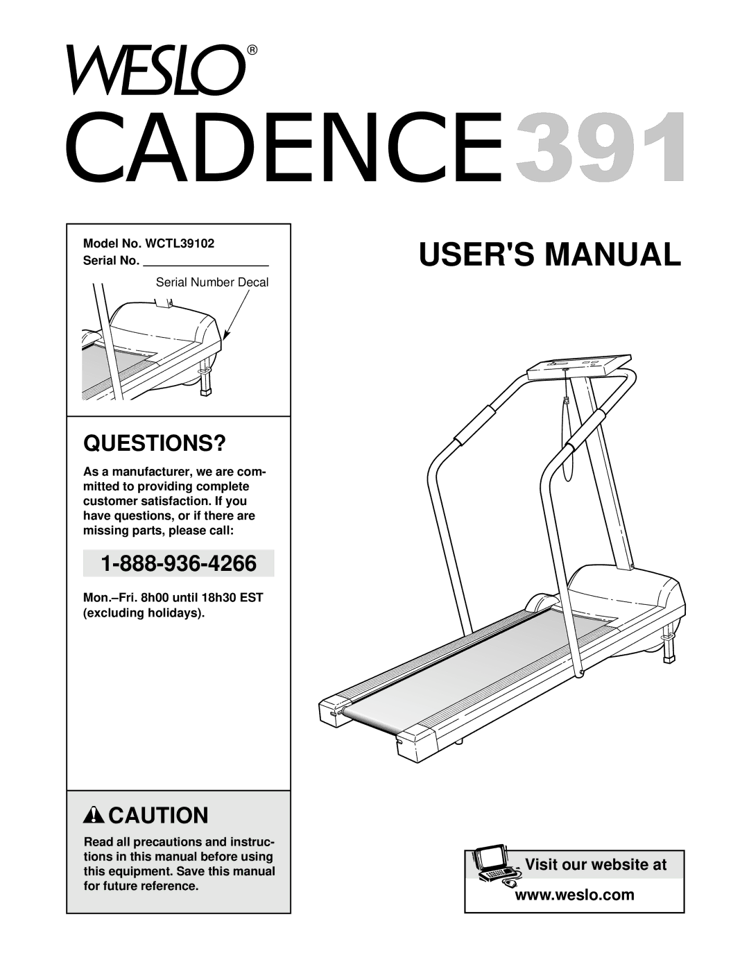 Weslo user manual Questions?, Model No. WCTL39102 Serial No 