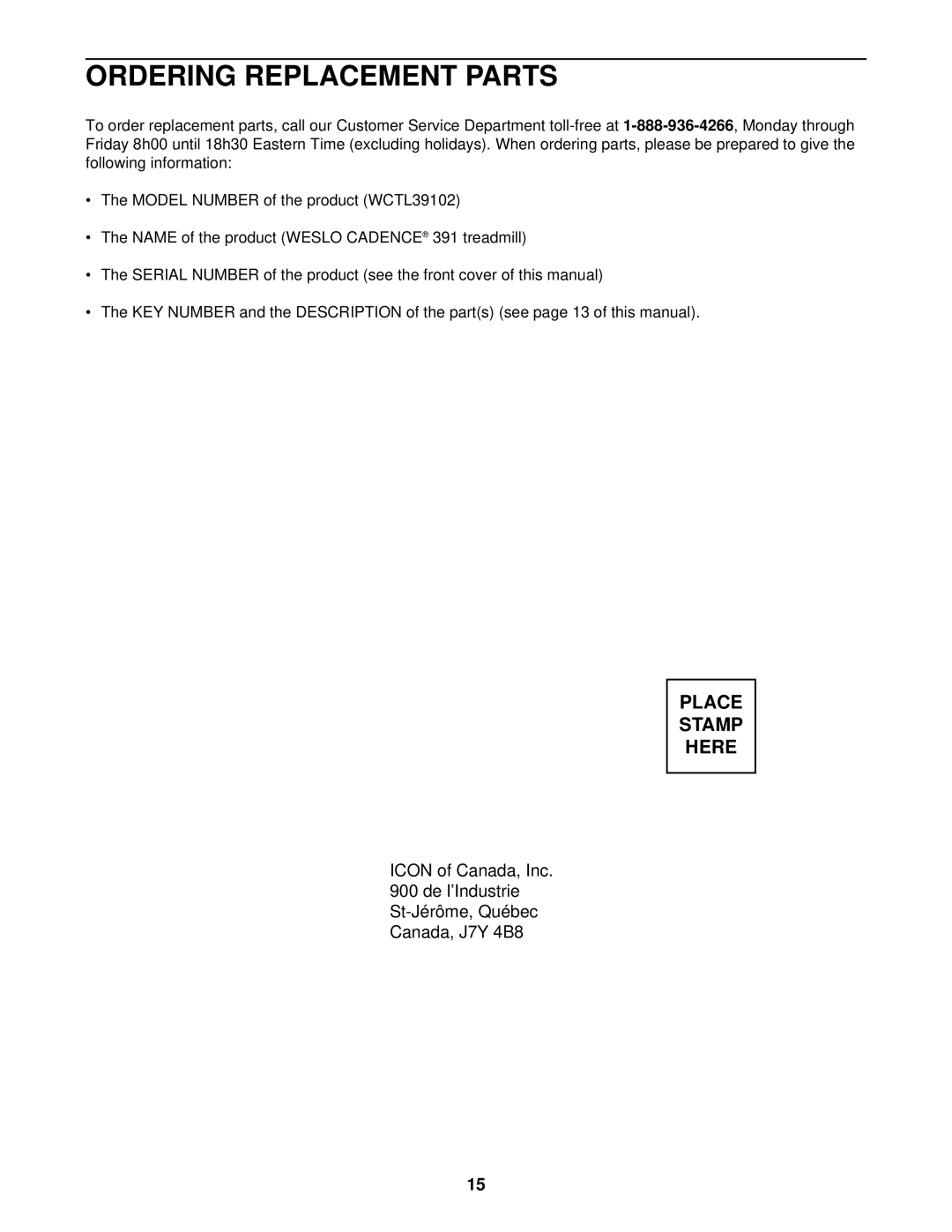 Weslo WCTL39102 user manual Ordering Replacement Parts 