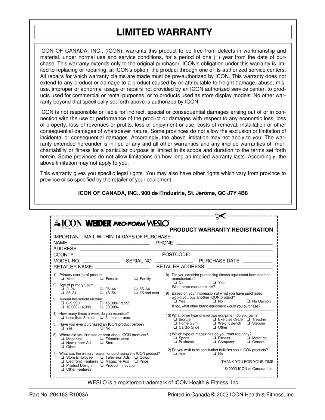 Weslo WCTL39102 user manual Limited Warranty, Product Warranty Registration 