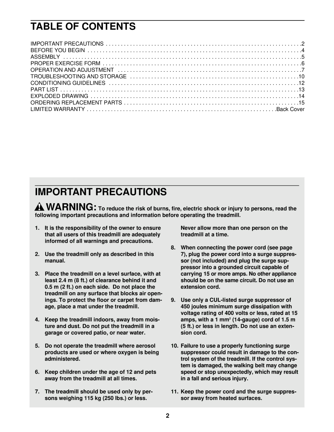 Weslo WCTL39102 user manual Table of Contents, Important Precautions 