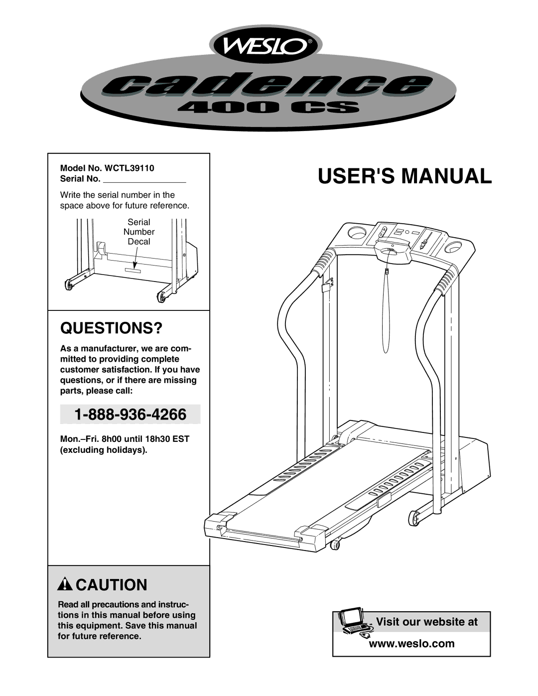 Weslo user manual Questions?, Model No. WCTL39110 Serial No 