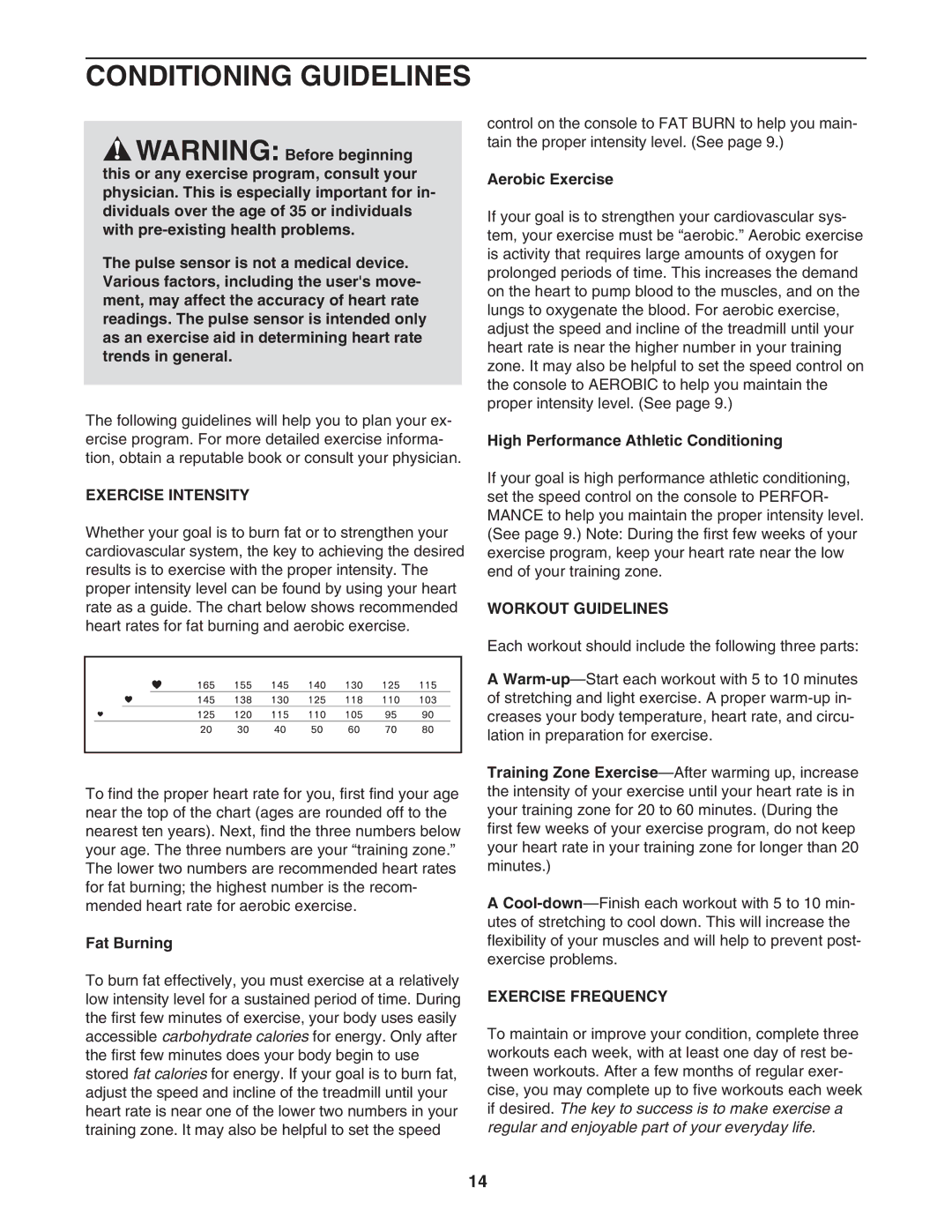 Weslo WCTL39110 user manual Conditioning Guidelines, Exercise Intensity, Workout Guidelines, Exercise Frequency 