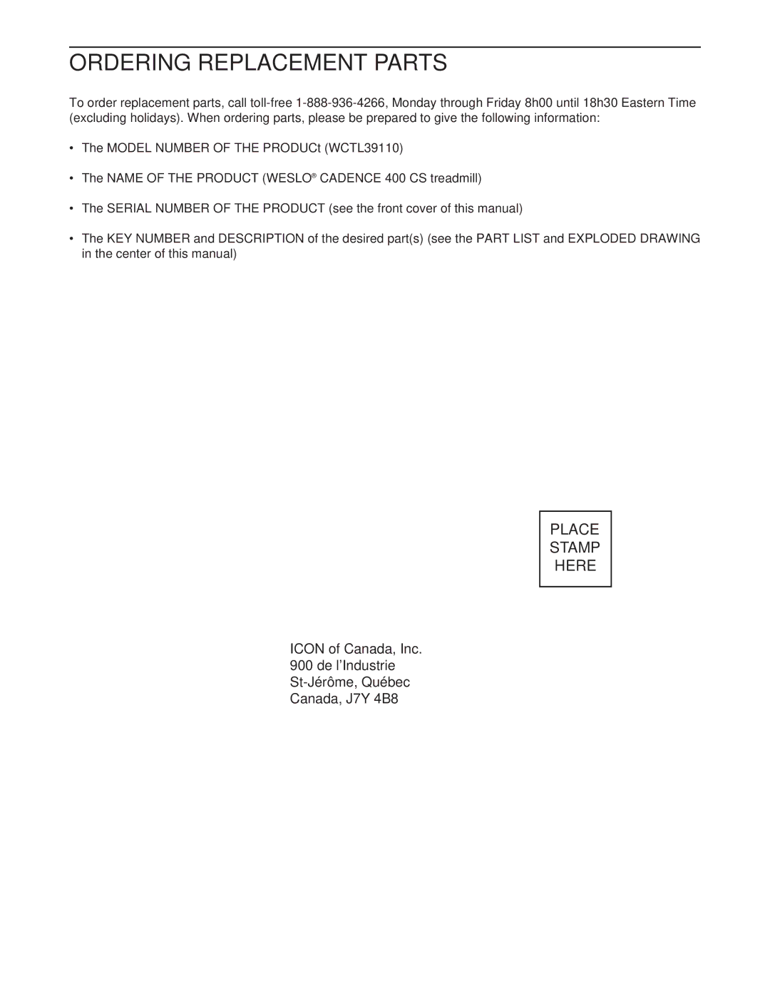 Weslo WCTL39110 user manual Ordering Replacement Parts 