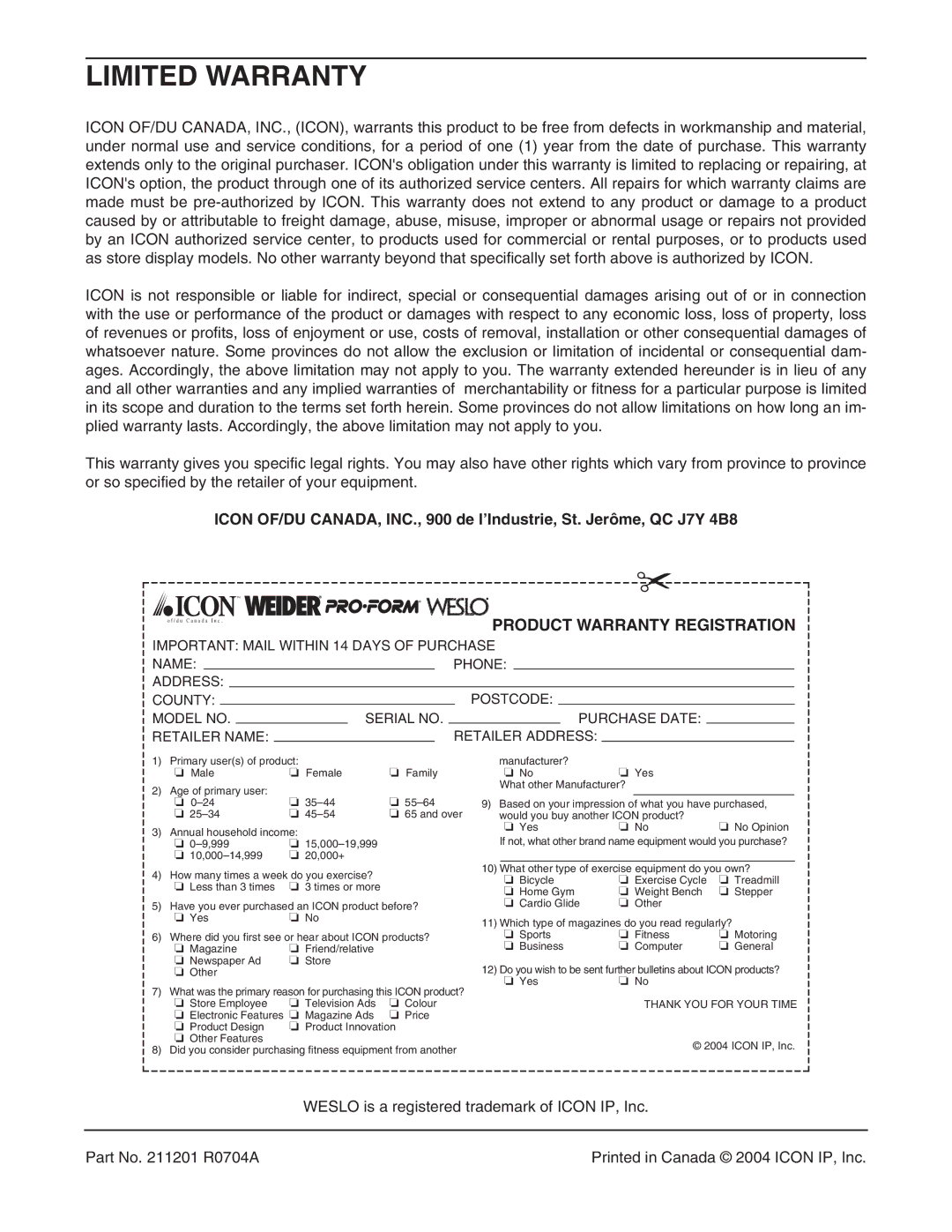 Weslo WCTL39110 user manual Limited Warranty, Product Warranty Registration 