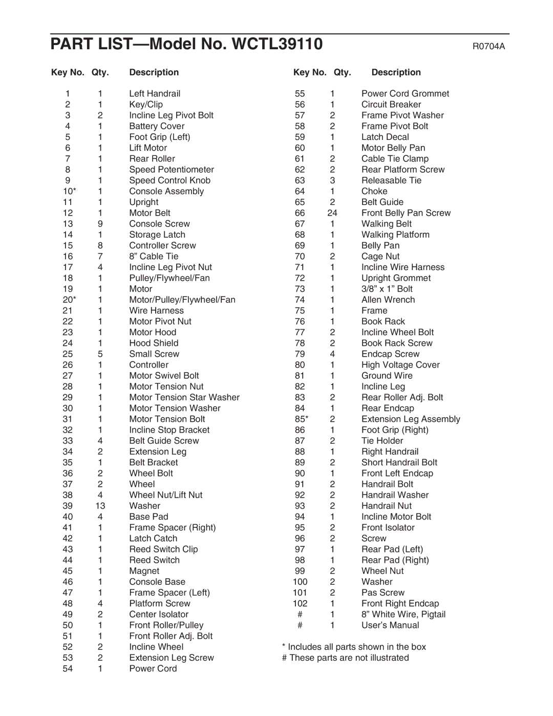 Weslo WCTL39110 user manual R0704A, Qty Description 