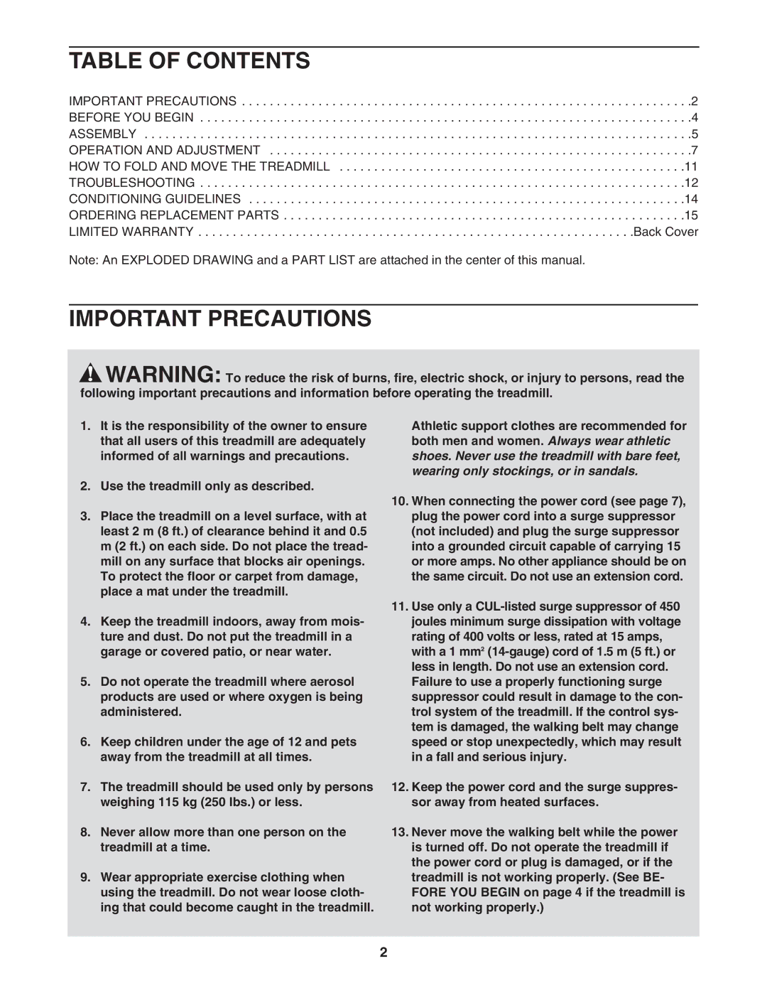 Weslo WCTL39110 user manual Table of Contents, Important Precautions 