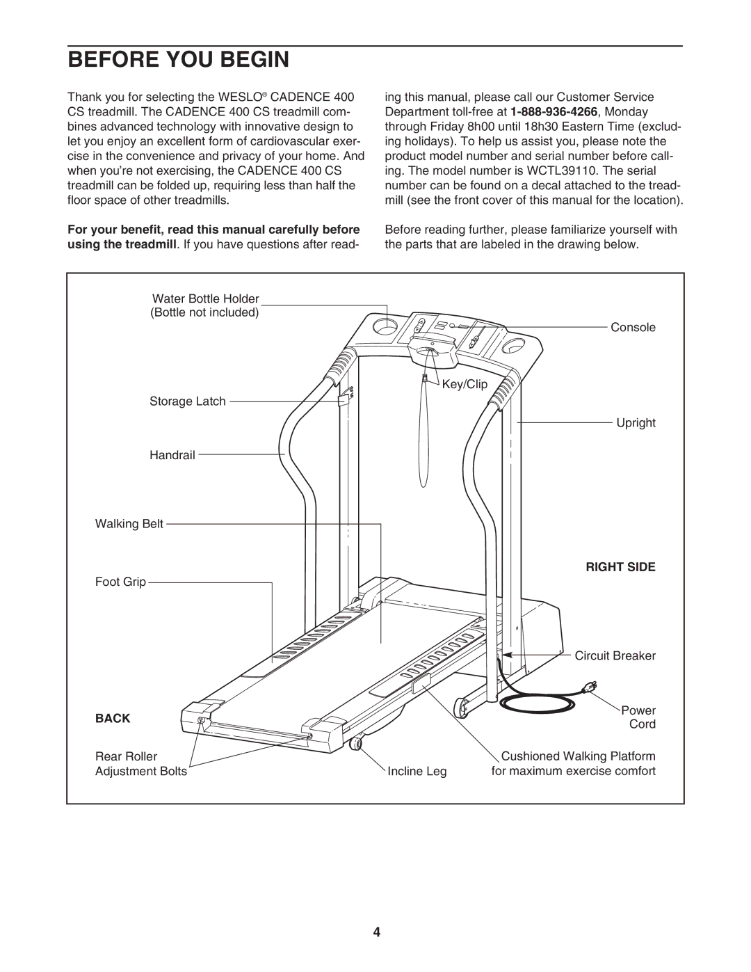 Weslo WCTL39110 user manual Before YOU Begin, Right Side, Back 