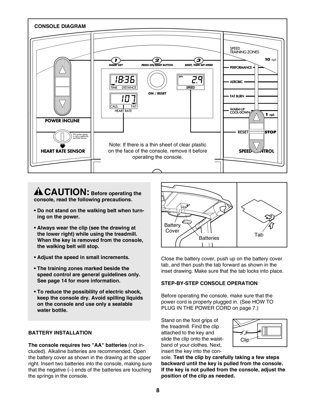 Weslo WCTL39110 user manual Console Diagram, Battery Installation, STEP-BY-STEP Console Operation 