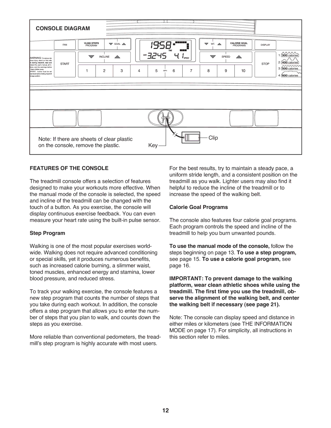 Weslo WCTL39607.0 user manual Console Diagram, Features of the Console, Step Program, Calorie Goal Programs 