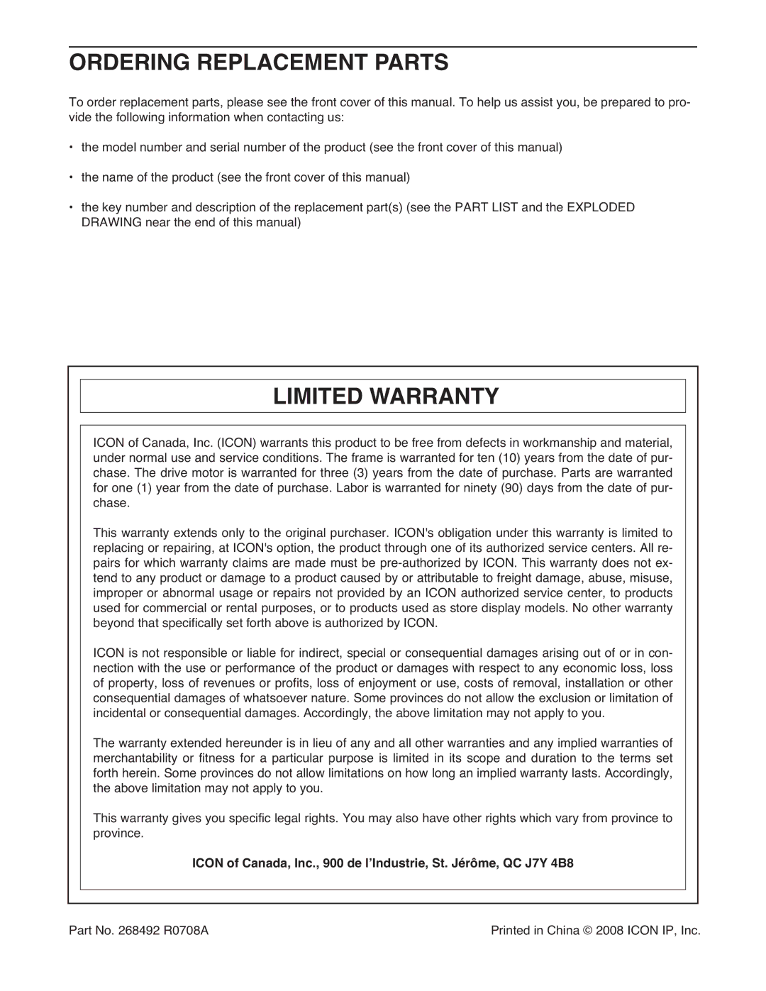 Weslo WCTL39607.0 user manual Ordering Replacement Parts, Limited Warranty 