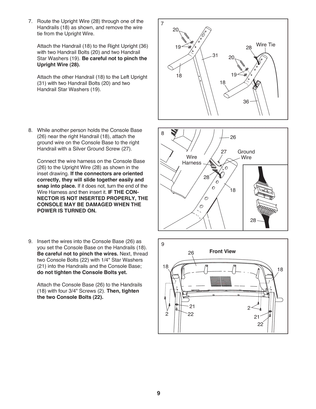 Weslo WCTL39607.0 user manual Star Washers 19. Be careful not to pinch Upright Wire, Do not tighten the Console Bolts yet 