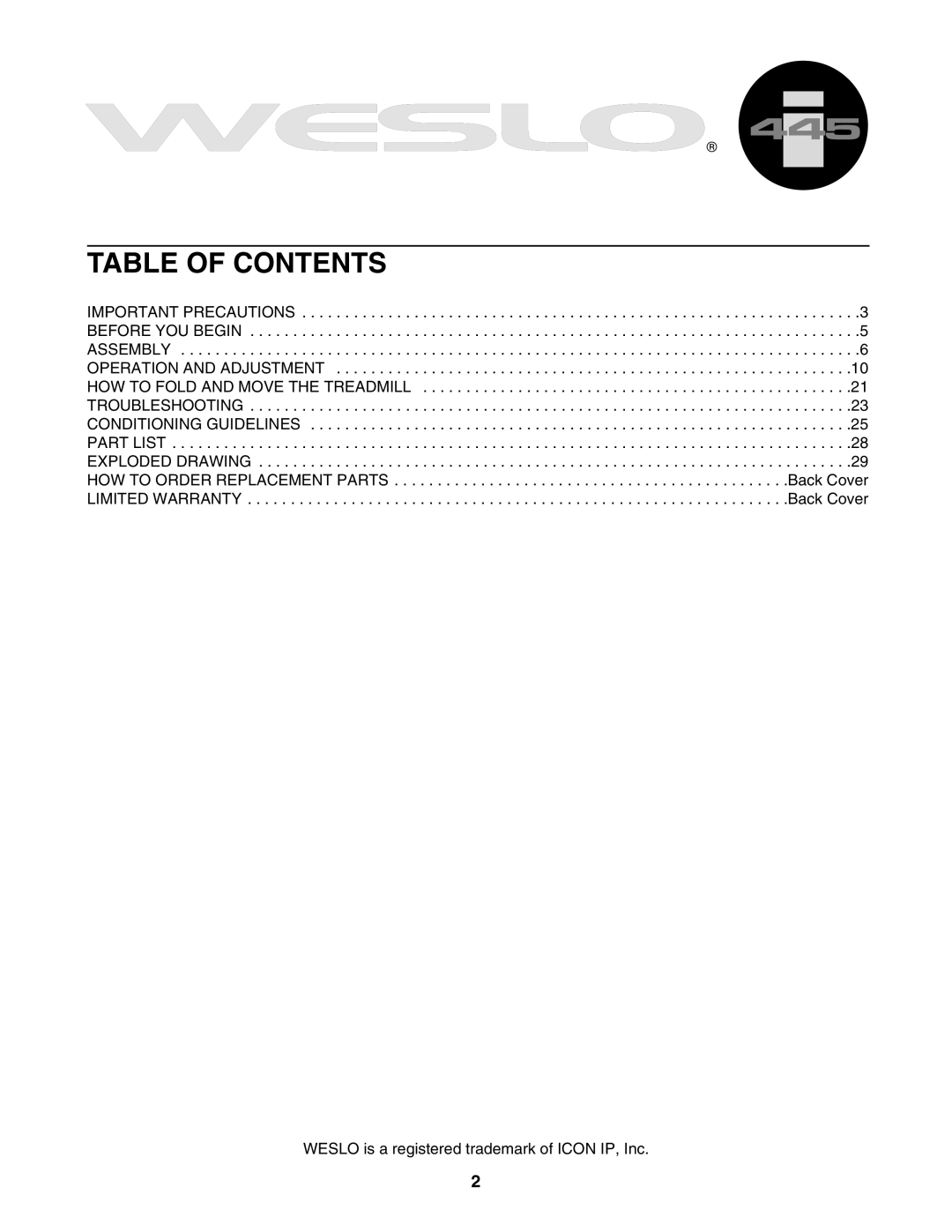 Weslo WCTL41305.0 user manual Table of Contents 