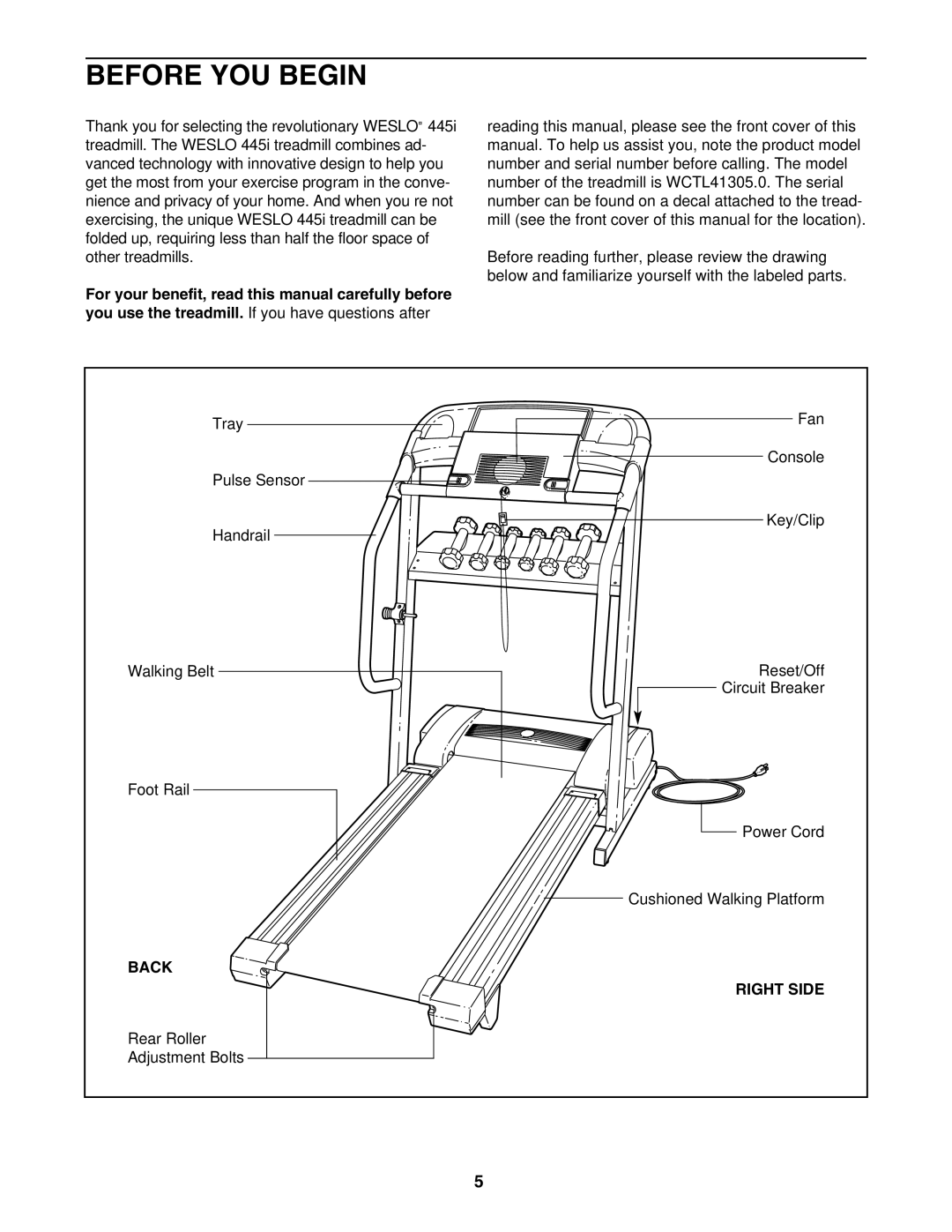 Weslo WCTL41305.0 user manual Before YOU Begin, Back Right Side 