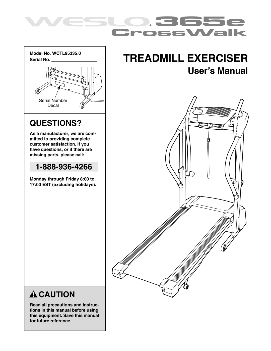 Weslo user manual Questions?, Model No. WCTL95335.0 Serial No 