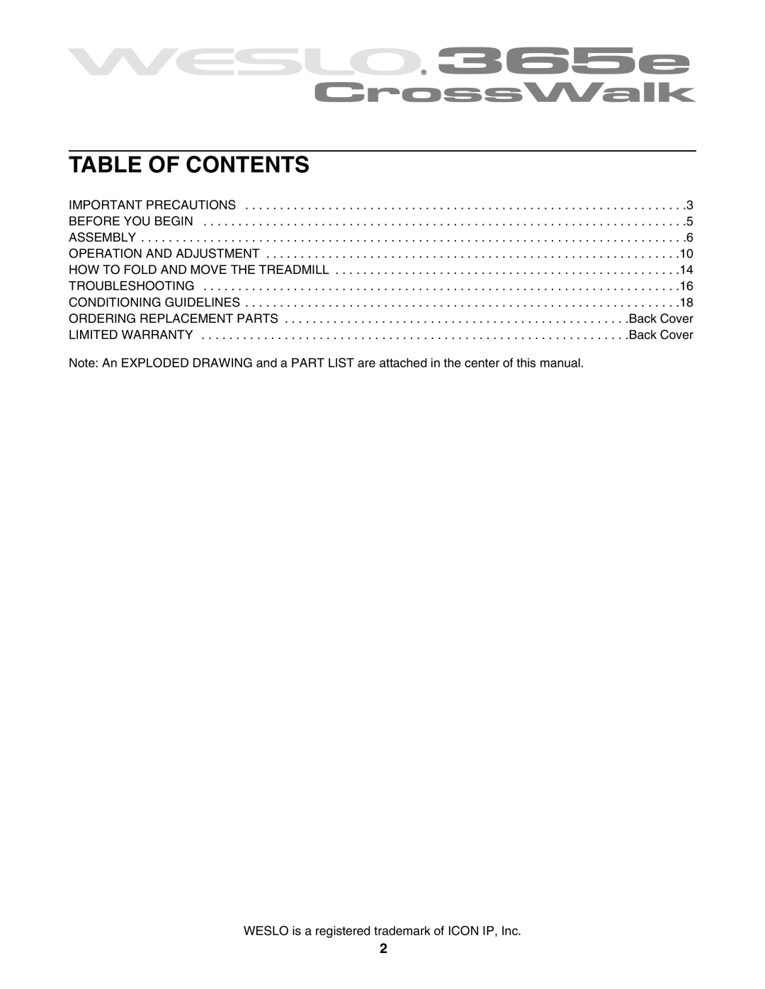 Weslo WCTL95335.0 user manual Table of Contents 